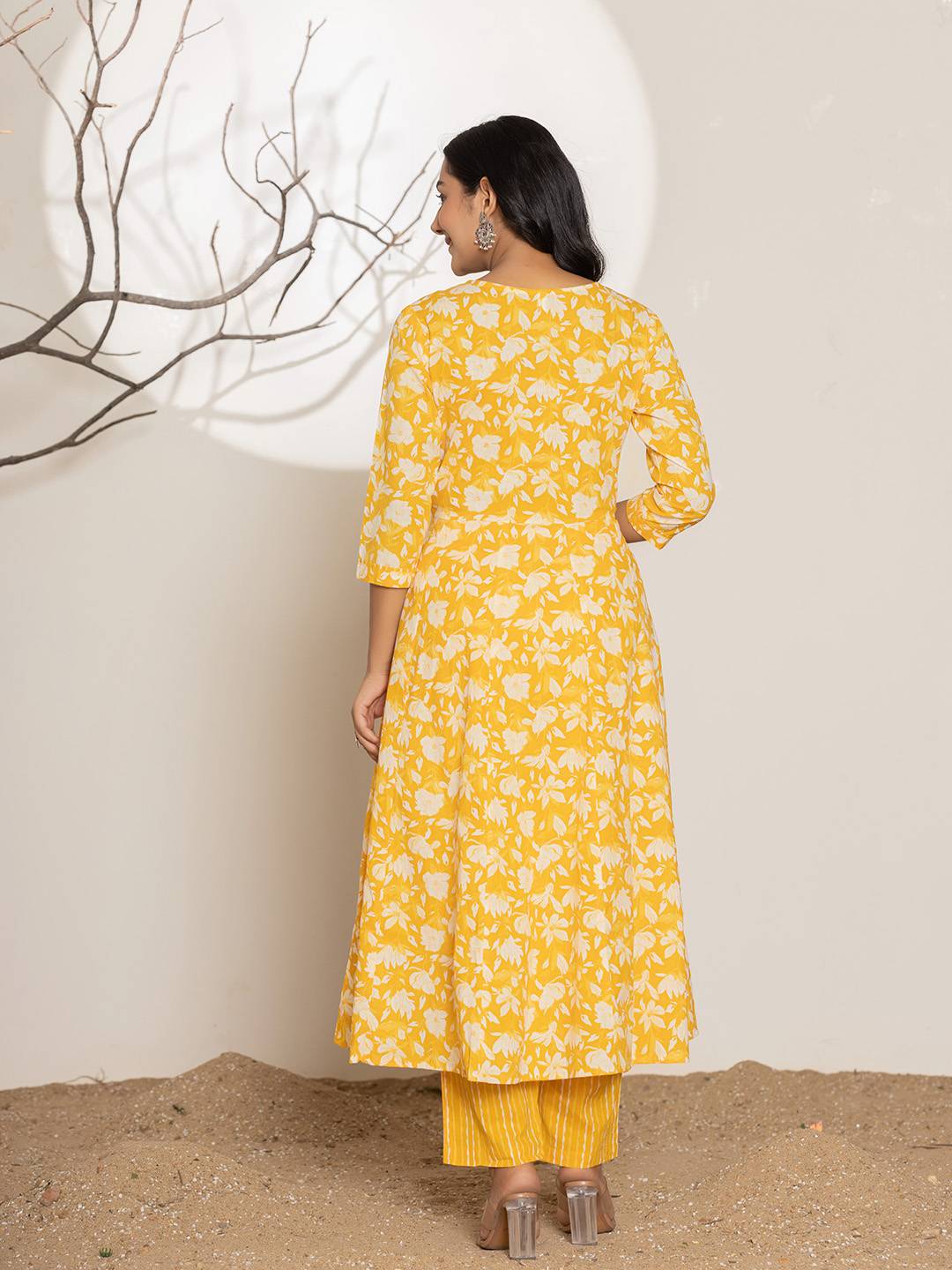 Yufta Mustard Embroidery Cotton Anarkali Suit Set