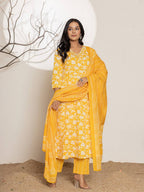 Yufta Mustard Embroidery Cotton Anarkali Suit Set
