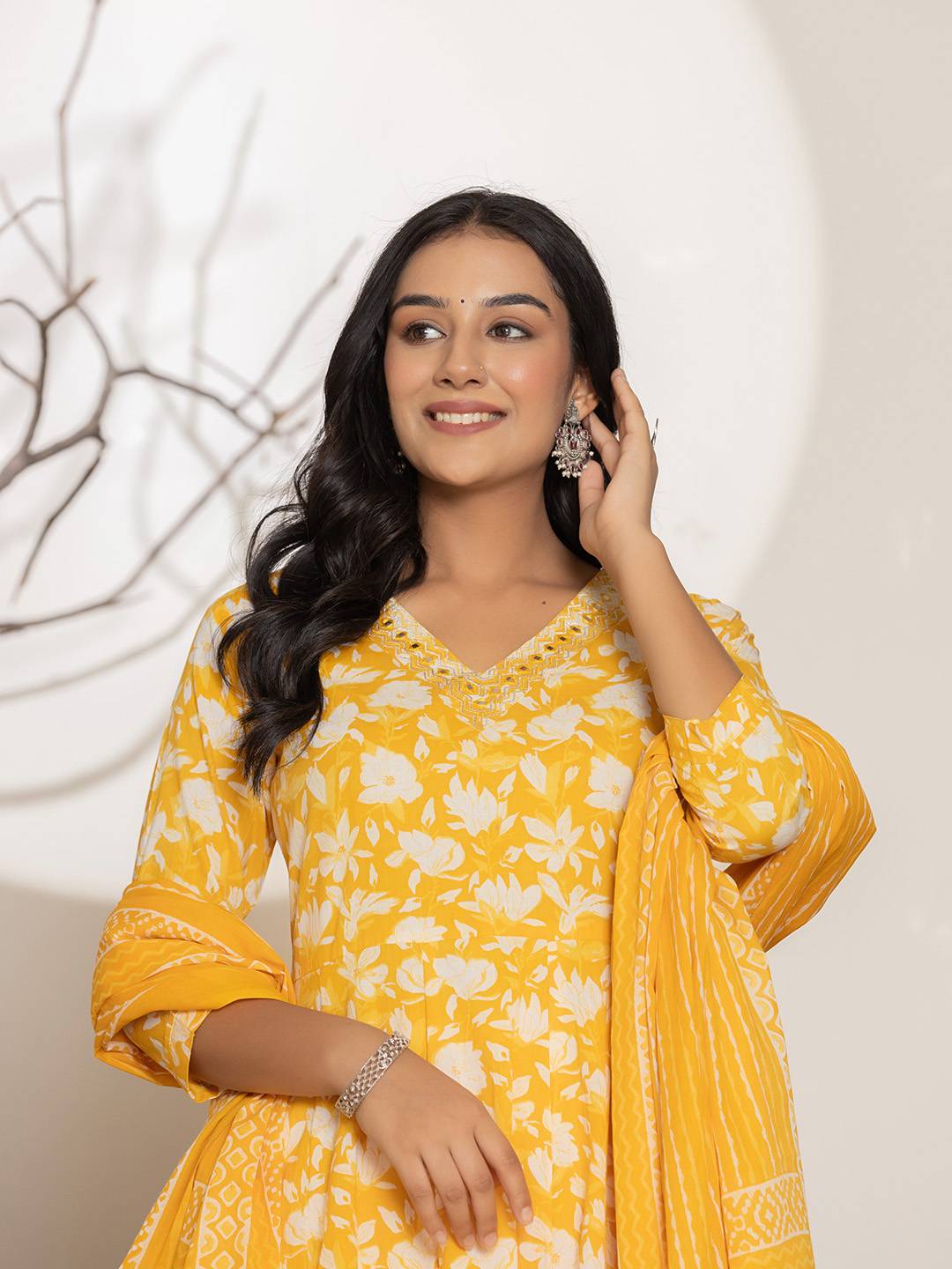 Yufta Mustard Embroidery Cotton Anarkali Suit Set