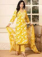 Yufta Mustard Embroidery Cotton Straight Kurta Dupatta Set
