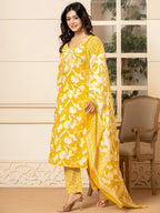 Yufta Mustard Embroidery Cotton Straight Kurta Dupatta Set