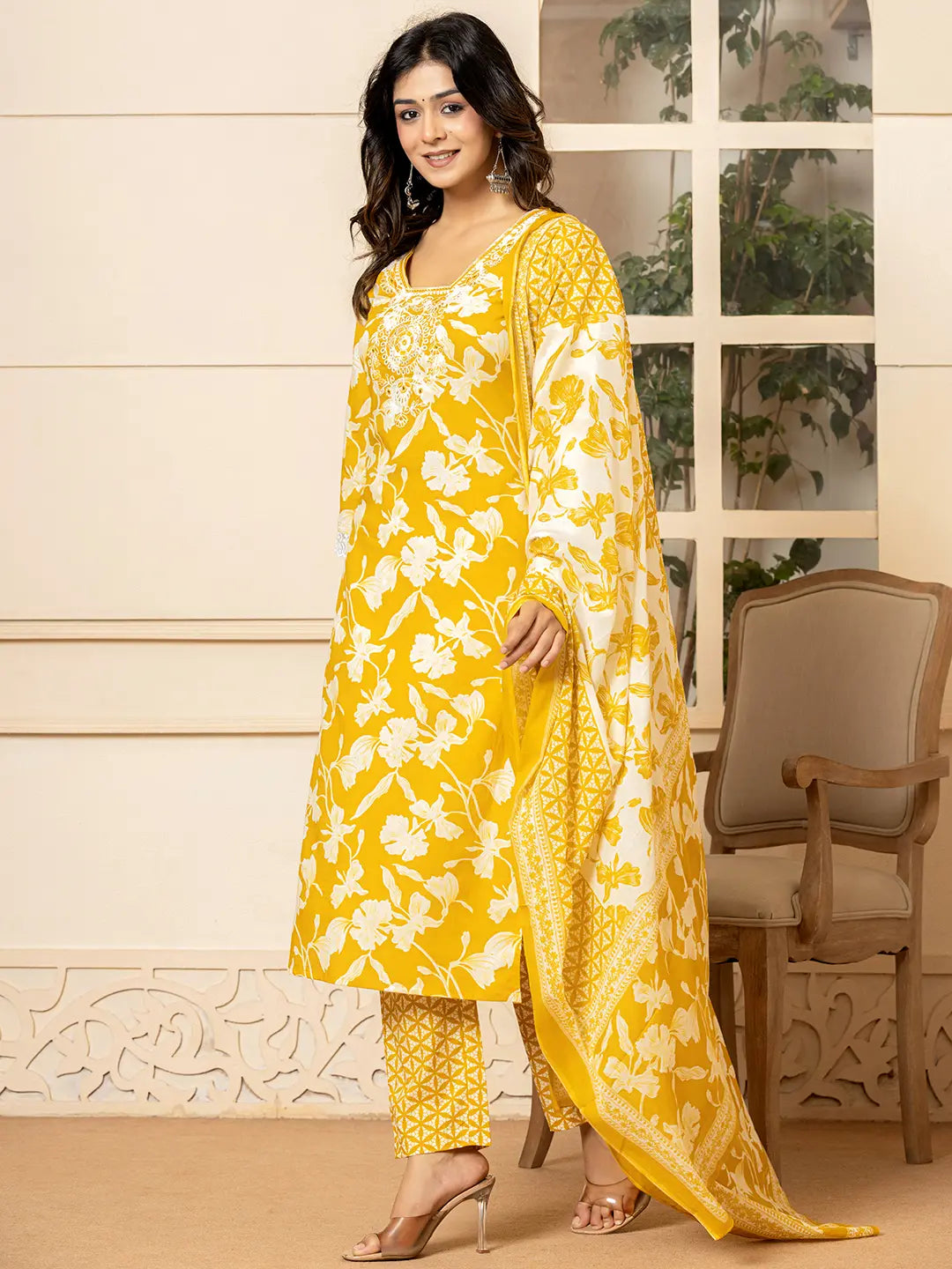 Yufta Mustard Embroidery Cotton Straight Kurta Dupatta Set