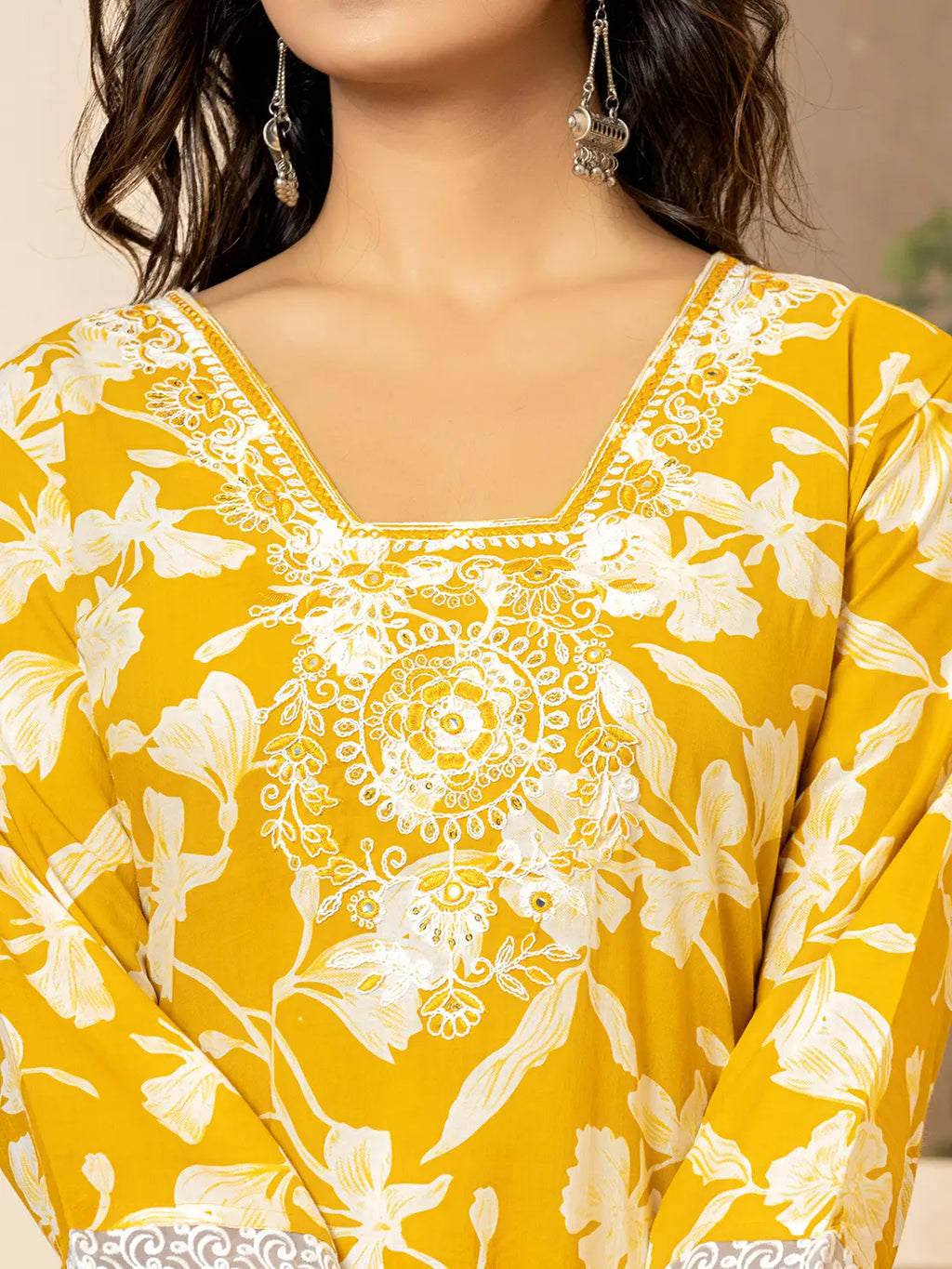 Yufta Mustard Embroidery Cotton Straight Kurta Dupatta Set