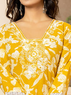 Yufta Mustard Embroidery Cotton Straight Kurta Dupatta Set