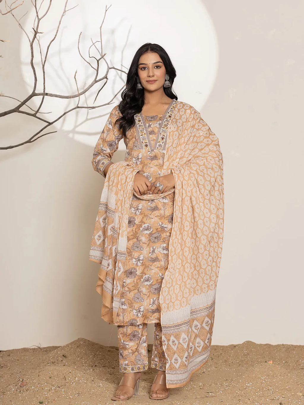 Yufta Mustard Floral Print Cotton Straight Kurta Dupatta Set