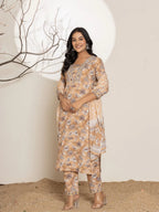 Yufta Mustard Floral Print Cotton Straight Kurta Dupatta Set