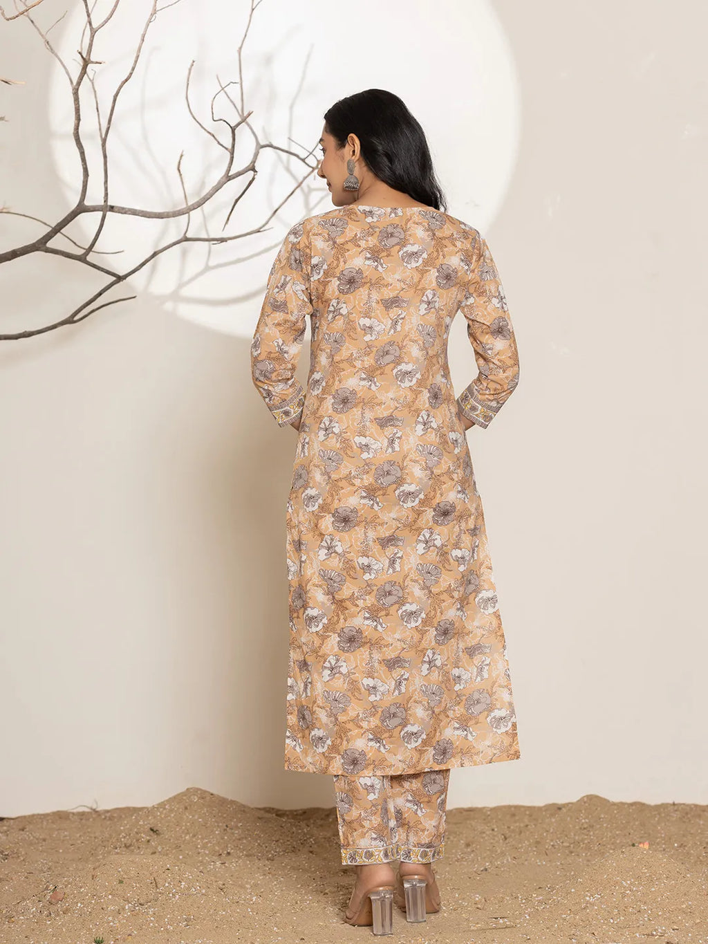 Yufta Mustard Floral Print Cotton Straight Kurta Dupatta Set