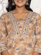 Yufta Mustard Floral Print Cotton Straight Kurta Dupatta Set
