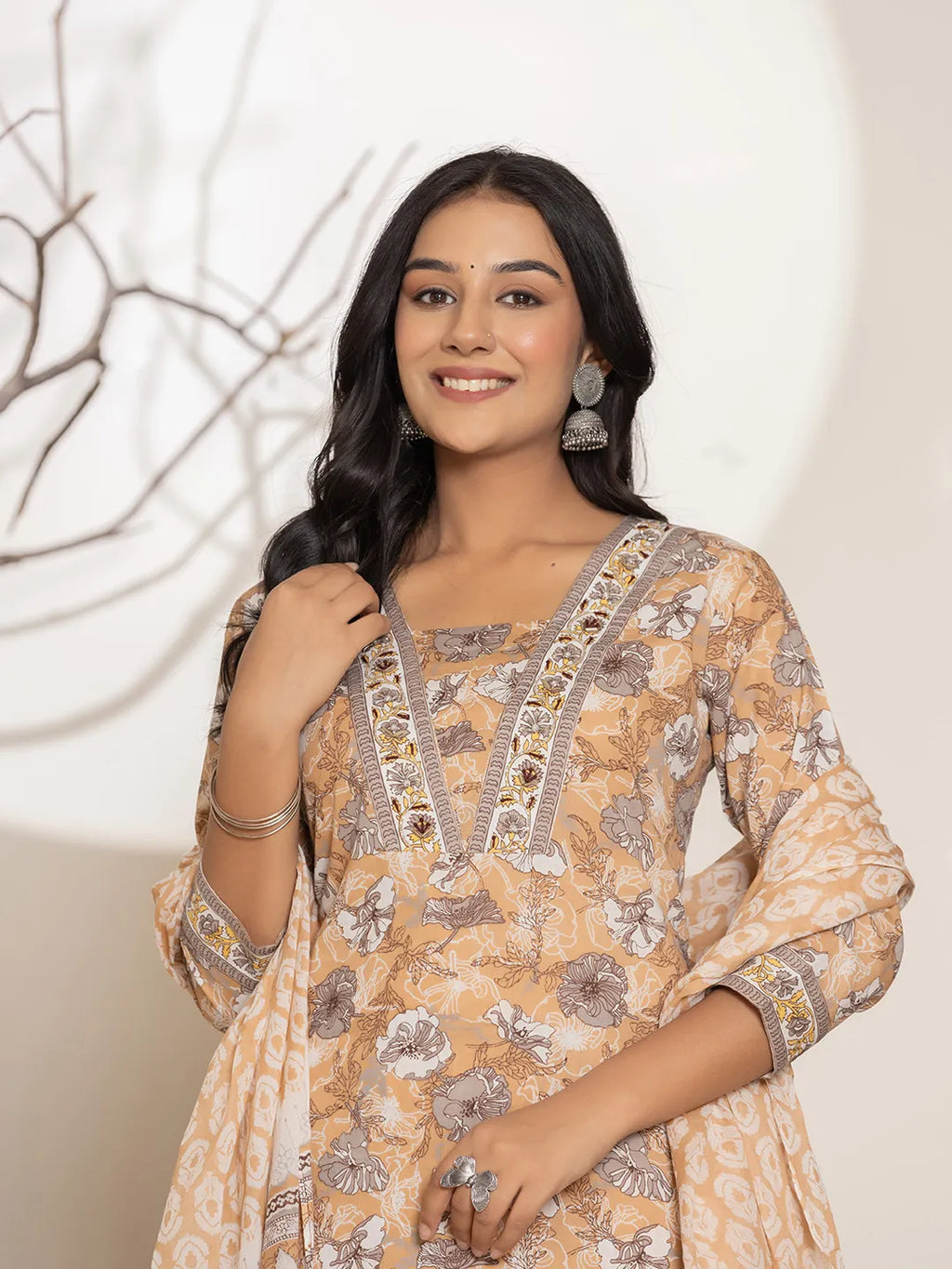 Yufta Mustard Floral Print Cotton Straight Kurta Dupatta Set