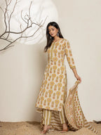 Yufta Mustard Floral Print Cotton Straight Kurta Dupatta Set