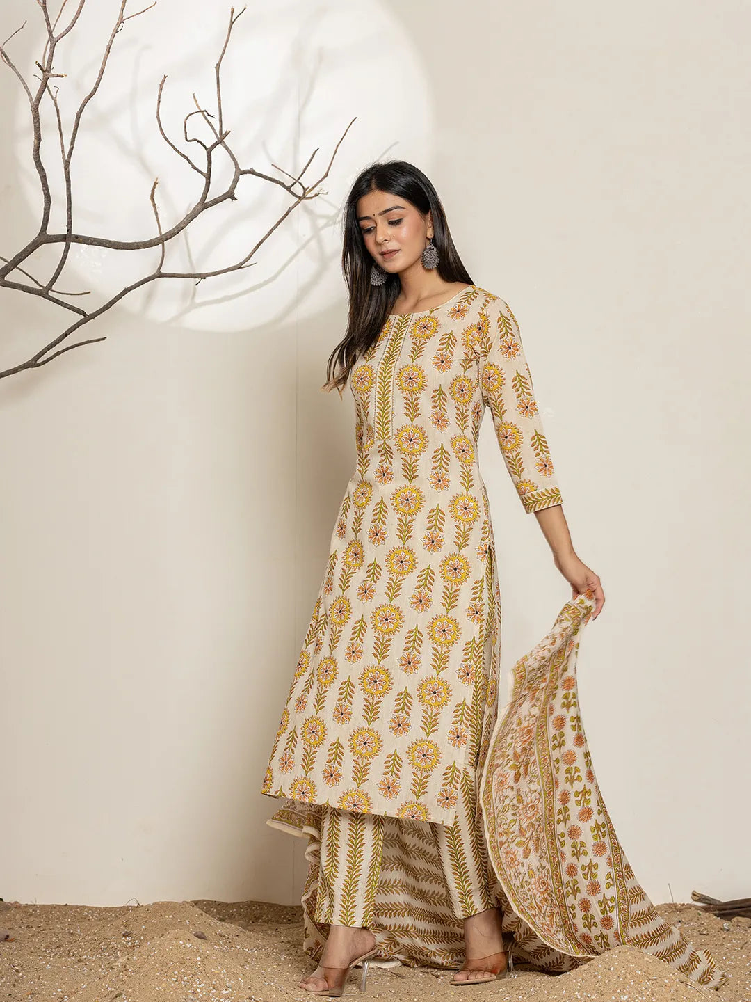Yufta Mustard Floral Print Cotton Straight Kurta Dupatta Set