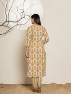 Yufta Mustard Floral Print Cotton Straight Kurta Dupatta Set