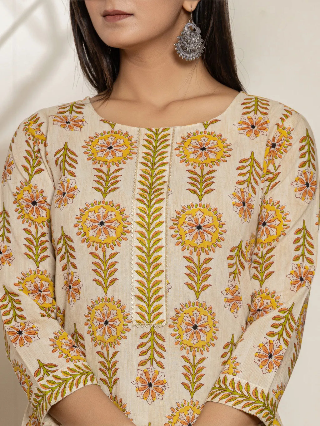 Yufta Mustard Floral Print Cotton Straight Kurta Dupatta Set