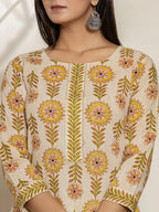 Yufta Mustard Floral Print Cotton Straight Kurta Dupatta Set