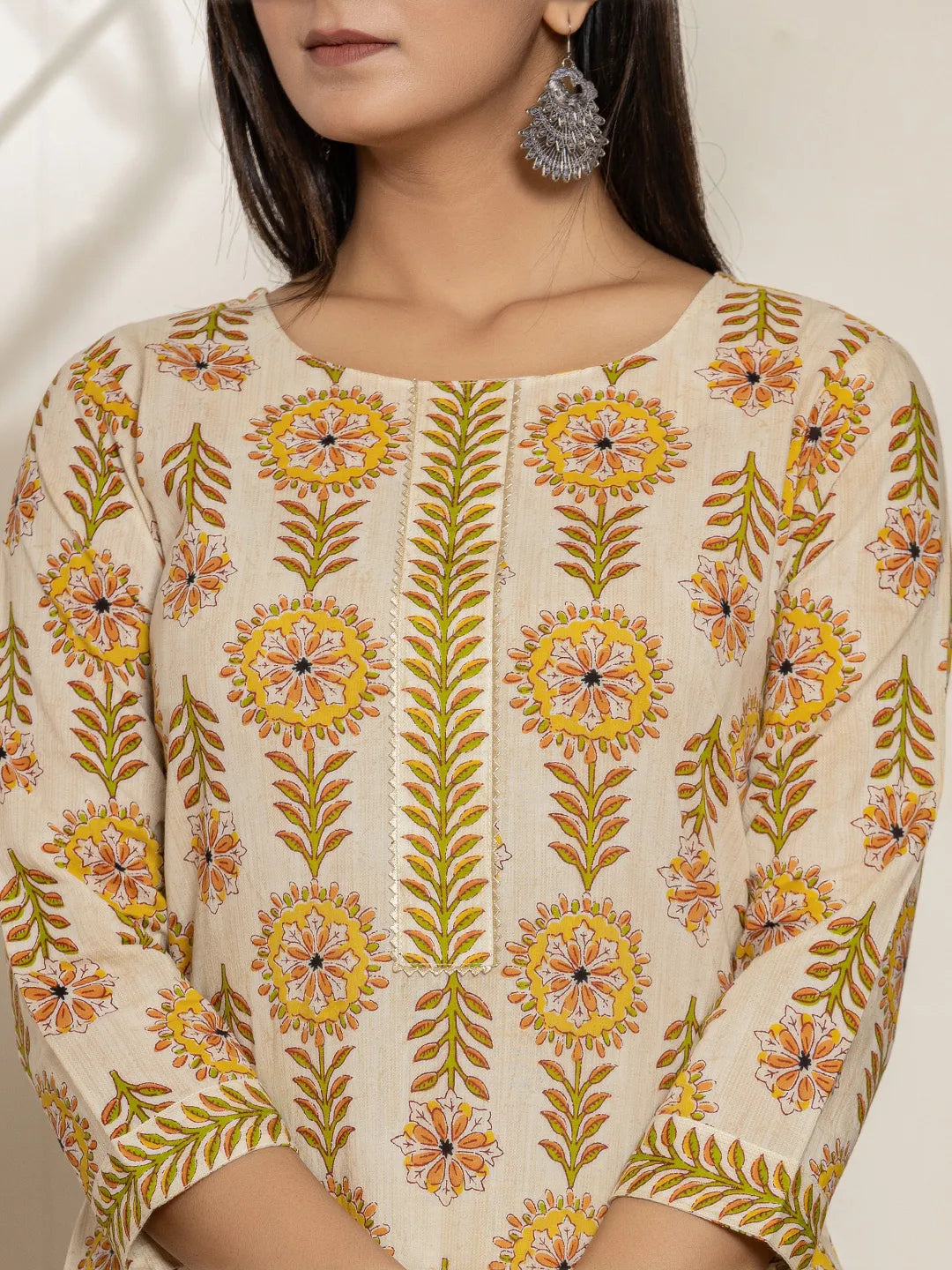 Yufta Mustard Floral Print Cotton Straight Kurta Dupatta Set