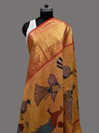 Mustard Kalamkari Hand Painted Kanchipuram Silk Handloom Dupatta with Birds Design - Global Threads