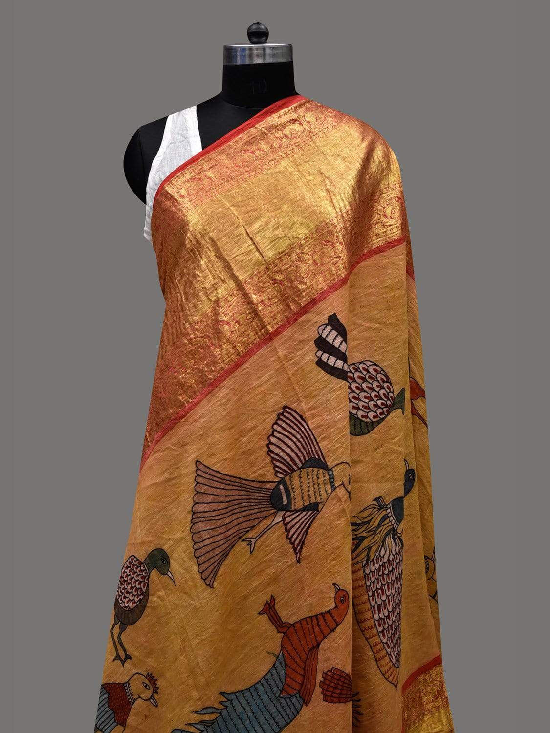 Mustard Kalamkari Hand Painted Kanchipuram Silk Handloom Dupatta with Birds Design - Global Threads