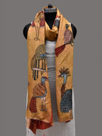 Mustard Kalamkari Hand Painted Kanchipuram Silk Handloom Dupatta with Birds Design - Global Threads