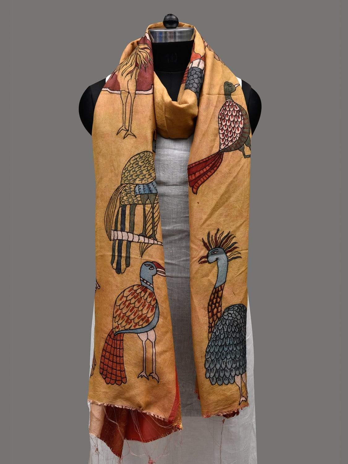 Mustard Kalamkari Hand Painted Kanchipuram Silk Handloom Dupatta with Birds Design - Global Threads
