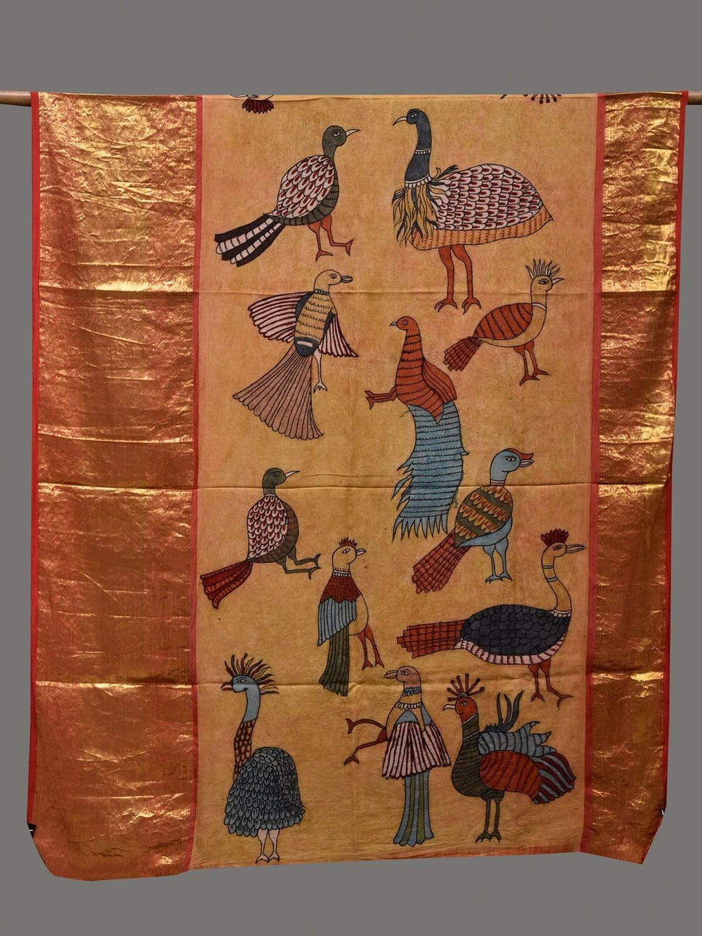 Mustard Kalamkari Hand Painted Kanchipuram Silk Handloom Dupatta with Birds Design - Global Threads