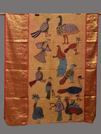 Mustard Kalamkari Hand Painted Kanchipuram Silk Handloom Dupatta with Birds Design - Global Threads