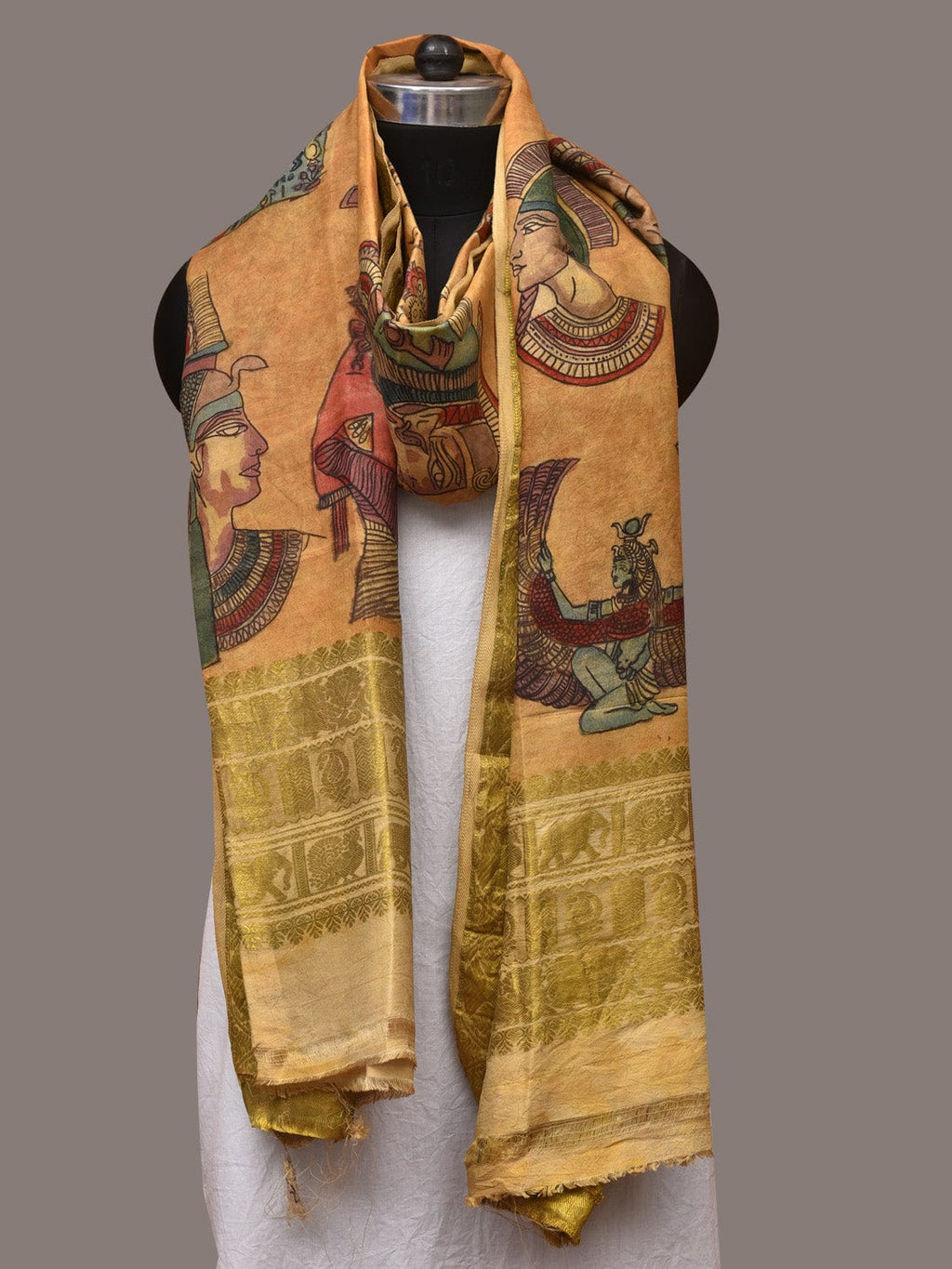 Mustard Kalamkari Hand Painted Kanchipuram Silk Handloom Dupatta with Egyptian Design - Global Threads