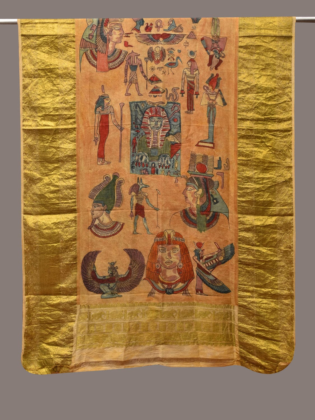 Mustard Kalamkari Hand Painted Kanchipuram Silk Handloom Dupatta with Egyptian Design - Global Threads