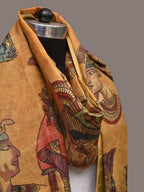 Mustard Kalamkari Hand Painted Kanchipuram Silk Handloom Dupatta with Egyptian Design - Global Threads