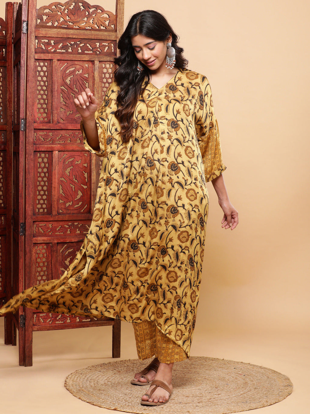 BohoJazz Mustard Vegetable Dye Flowy Modal Kurta with Pants - Distacart