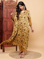 BohoJazz Mustard Vegetable Dye Flowy Modal Kurta with Pants - Distacart