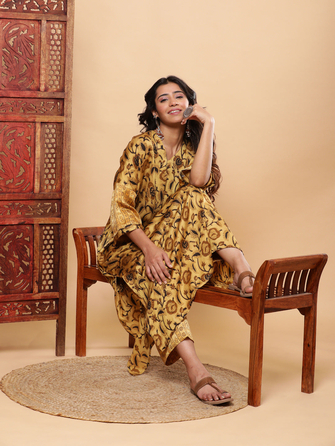 BohoJazz Mustard Vegetable Dye Flowy Modal Kurta with Pants - Distacart