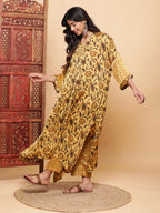 BohoJazz Mustard Vegetable Dye Flowy Modal Kurta with Pants - Distacart
