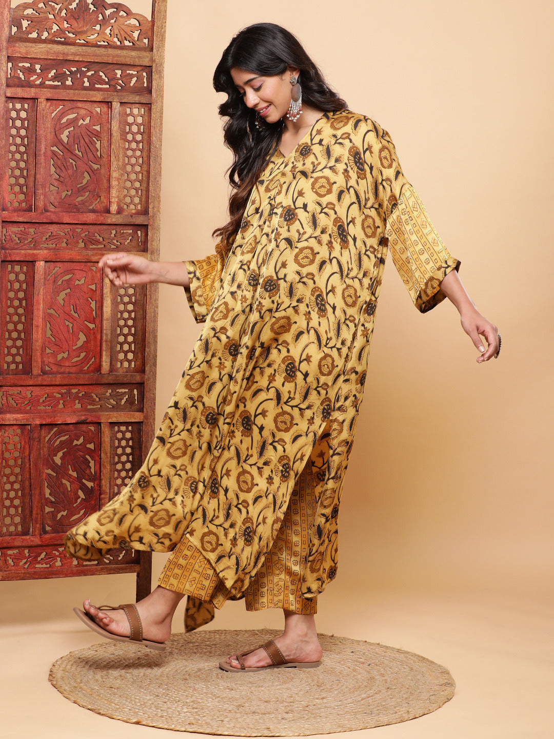 BohoJazz Mustard Vegetable Dye Flowy Modal Kurta with Pants - Distacart