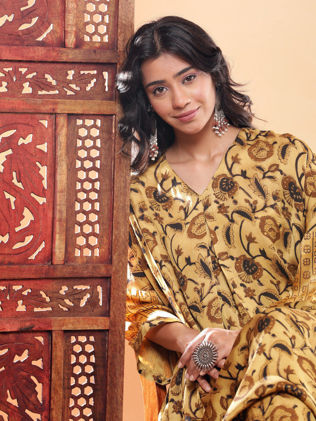 BohoJazz Mustard Vegetable Dye Flowy Modal Kurta with Pants - Distacart