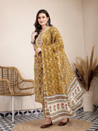 Yufta Mustard Pure Cotton Lace Work On Yoke Straight Kurta Dupatta Pant Set