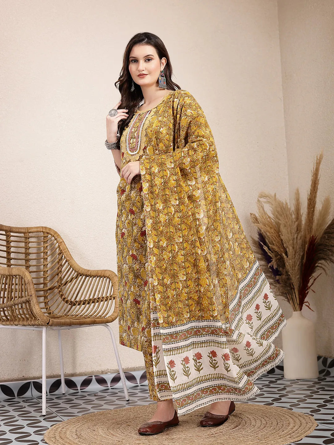 Yufta Mustard Pure Cotton Lace Work On Yoke Straight Kurta Dupatta Pant Set