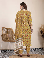 Yufta Mustard Pure Cotton Lace Work On Yoke Straight Kurta Dupatta Pant Set