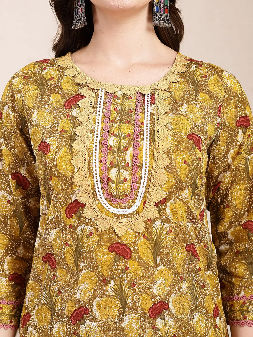 Yufta Mustard Pure Cotton Lace Work On Yoke Straight Kurta Dupatta Pant Set