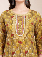 Yufta Mustard Pure Cotton Lace Work On Yoke Straight Kurta Dupatta Pant Set