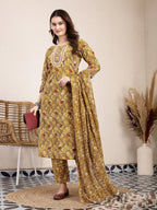 Yufta Mustard Pure Cotton Lace Work On Yoke Straight Kurta Dupatta Pant Set
