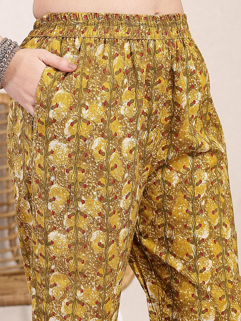 Yufta Mustard Pure Cotton Lace Work On Yoke Straight Kurta Dupatta Pant Set