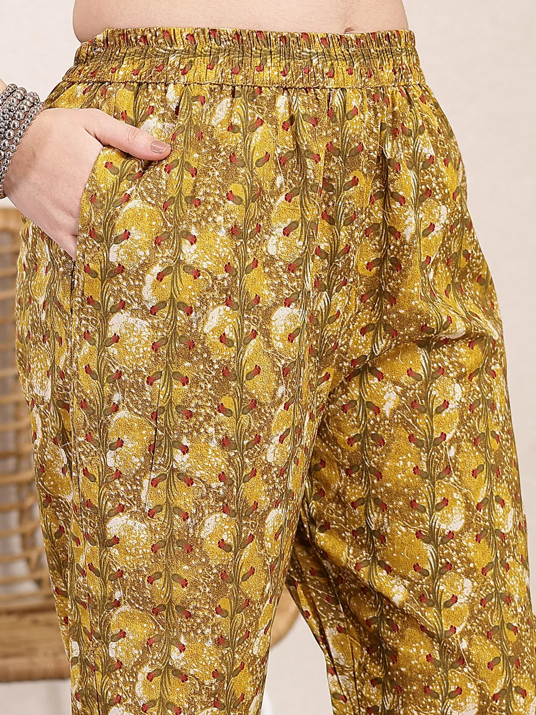 Yufta Mustard Pure Cotton Lace Work On Yoke Straight Kurta Dupatta Pant Set