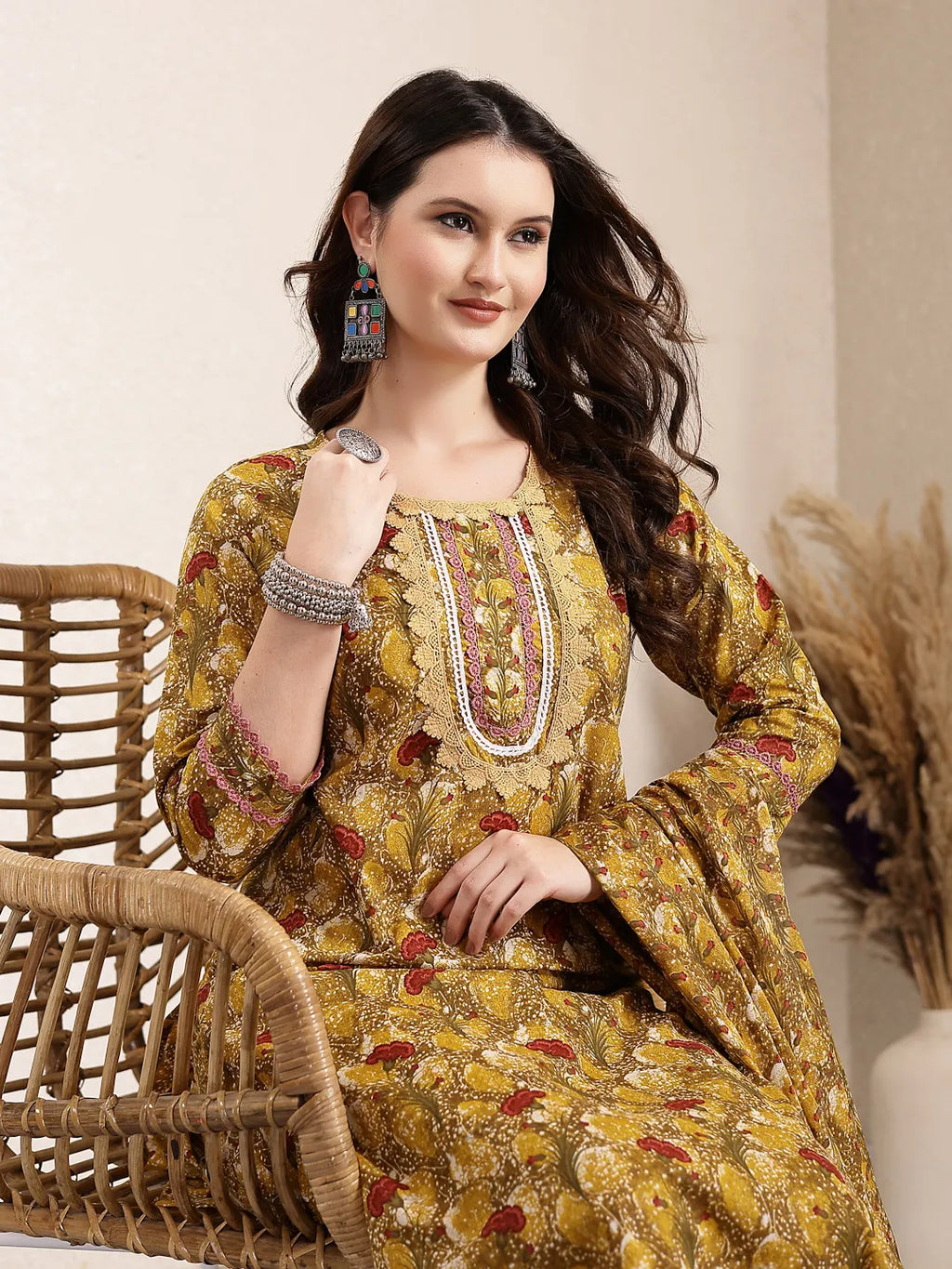 Yufta Mustard Pure Cotton Lace Work On Yoke Straight Kurta Dupatta Pant Set