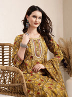 Yufta Mustard Pure Cotton Lace Work On Yoke Straight Kurta Dupatta Pant Set