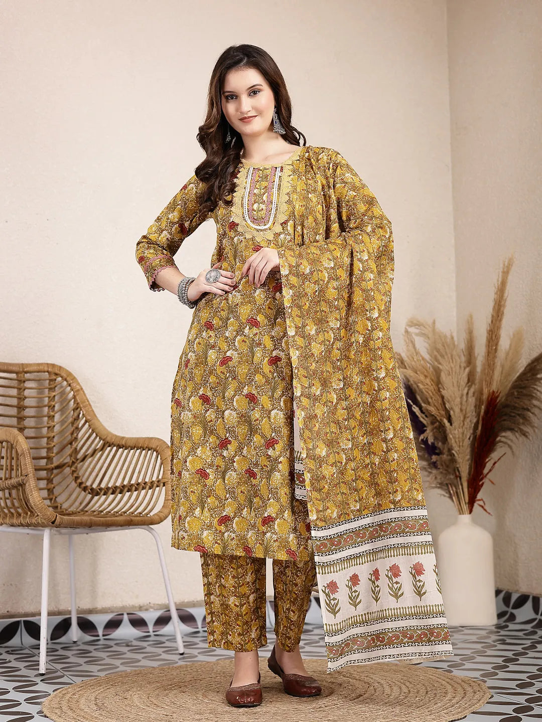 Yufta Mustard Pure Cotton Lace Work On Yoke Straight Kurta Dupatta Pant Set