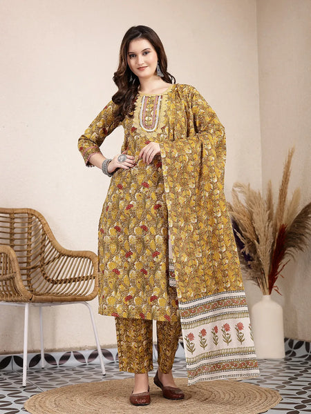 Yufta Mustard Pure Cotton Lace Work On Yoke Straight Kurta Dupatta Pant Set