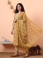 Yufta Mustard Pure Cotton Straight Floral Kantha Work Kurta Pant Set