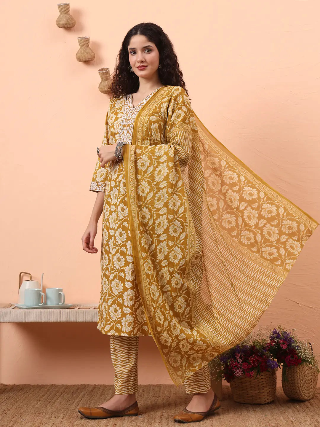 Yufta Mustard Pure Cotton Straight Floral Kantha Work Kurta Pant Set