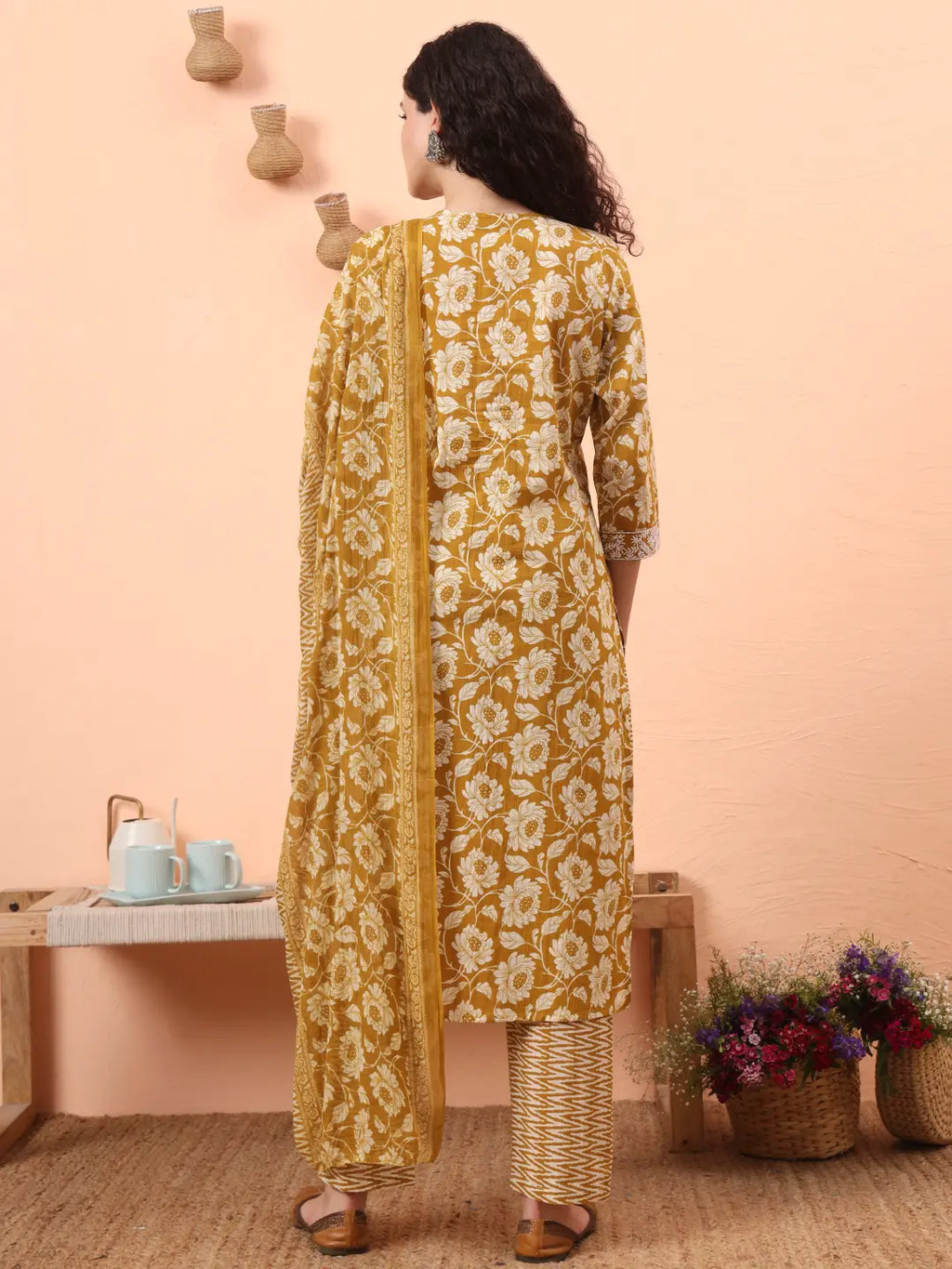 Yufta Mustard Pure Cotton Straight Floral Kantha Work Kurta Pant Set