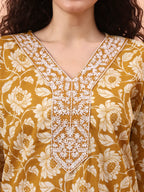 Yufta Mustard Pure Cotton Straight Floral Kantha Work Kurta Pant Set